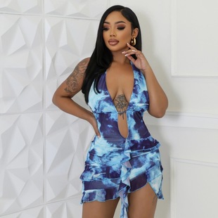 欧美风跨境女装2024夏秋季新款时尚性感木耳边拼接气质开叉连衣裙详情15