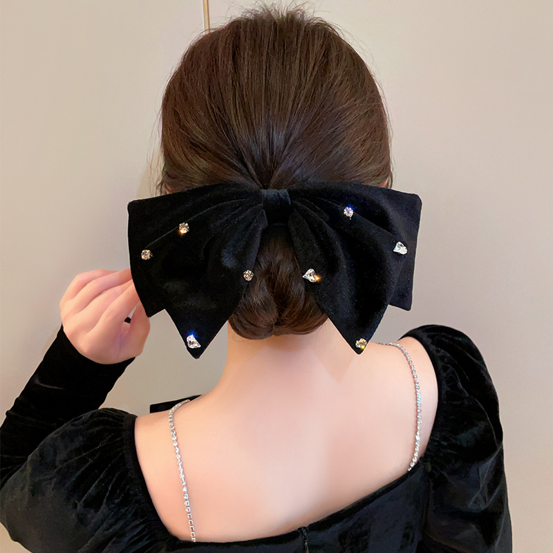 Korean elegant velvet double-layer bow spring water back hair clip, stylish top clip water diamond embellished hair clip pic 9