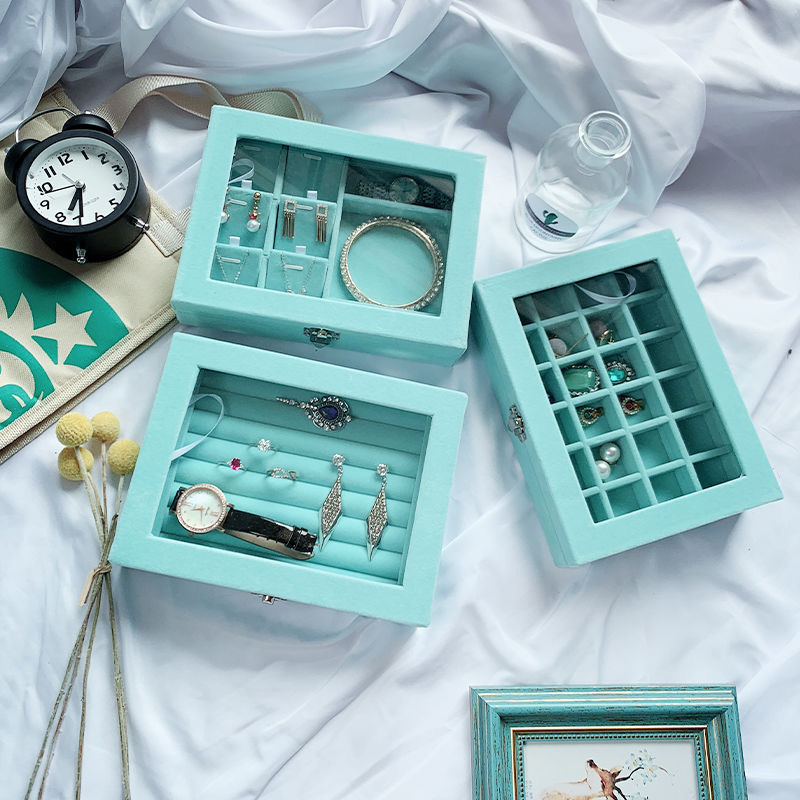 Jinqi 9-grid flocking jewelry storage, transparent cover, jewelry display tray, necklace, stud earrings, ring accessories, wooden box pic 18