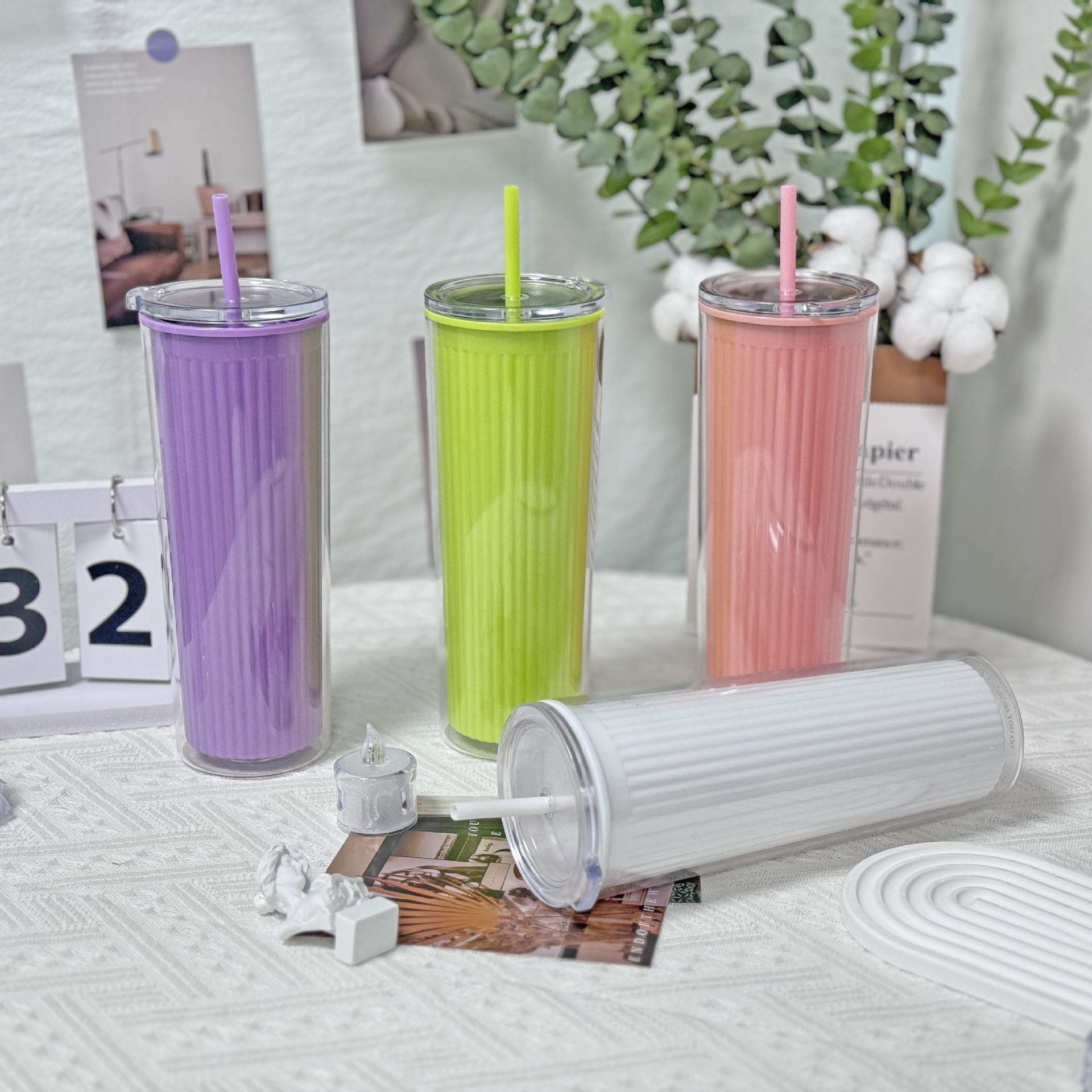 Wholesale of new summer internet-famous couple cups, plastic straw cups, and large-capacity plastic water cups for export with vertical patterns and straight bodies pic 12