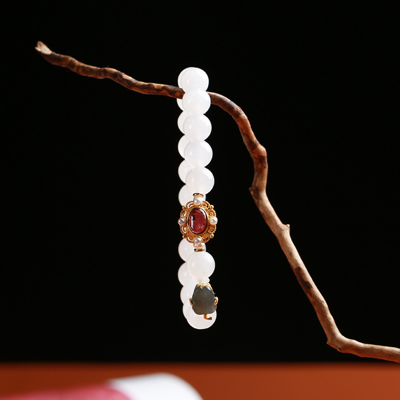 Natural Hetian jade white jade round bead bracelet for women, blue water jade leaf bracelet, a niche design for your girlfriend pic 9