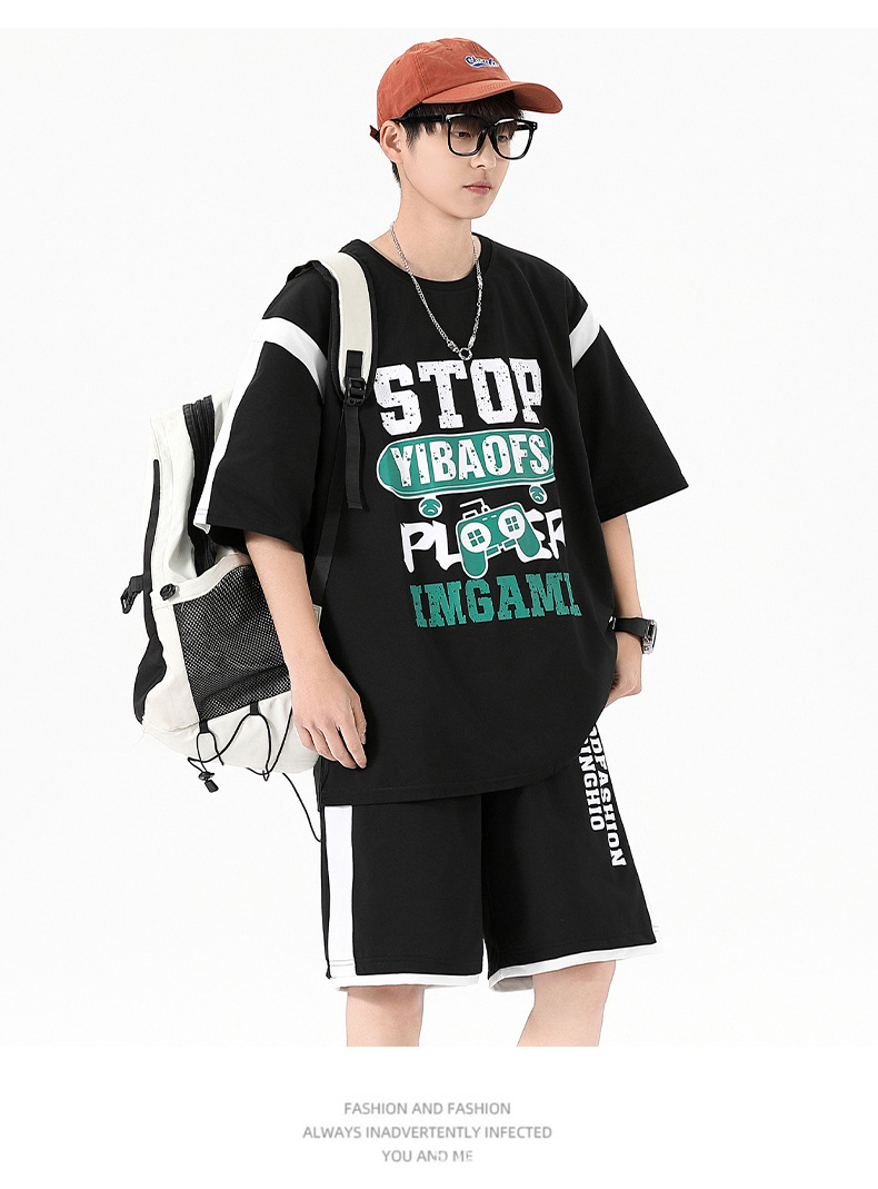 夏季薄款宽松短袖T恤套装批发青少年男初高中生潮流帅气两件套详情13