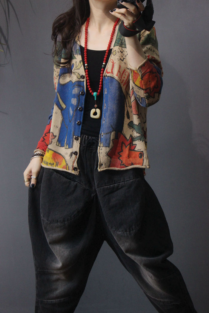 Spring 2021 new printed knitted cardigan for women, retro ethnic style, loose, large-sized, slimming long-sleeved top pic 7