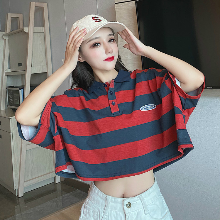 Real photos of Japanese-style retro polo shirts for women in summer, short-sleeved loose Hong Kong-style half-sleeved T-shirts, and summer tops pic 8