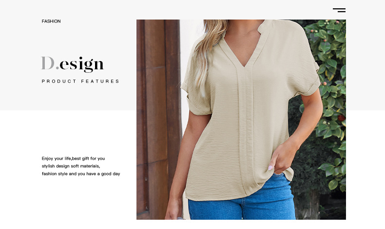 时颖夏季新款纯色V领短袖T恤女欧美时尚褶皱薄款透气套头衫女详情5