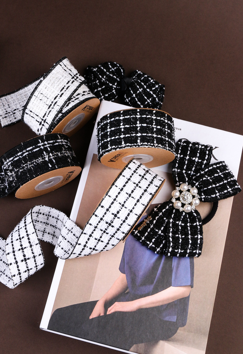 Korean-style chanel-style cotton and linen checkered, gold and silver thread, scallion ribbon DIY bow hair accessory, shoes, hats, clothing, cuff trims pic 5