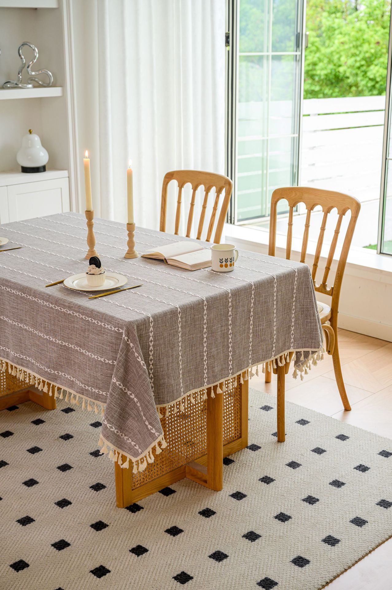 Cross-border three-dimensional embroidered striped tablecloth, popular black solid color, white cotton and linen tablecloth cover, fabric outdoor party pic 97