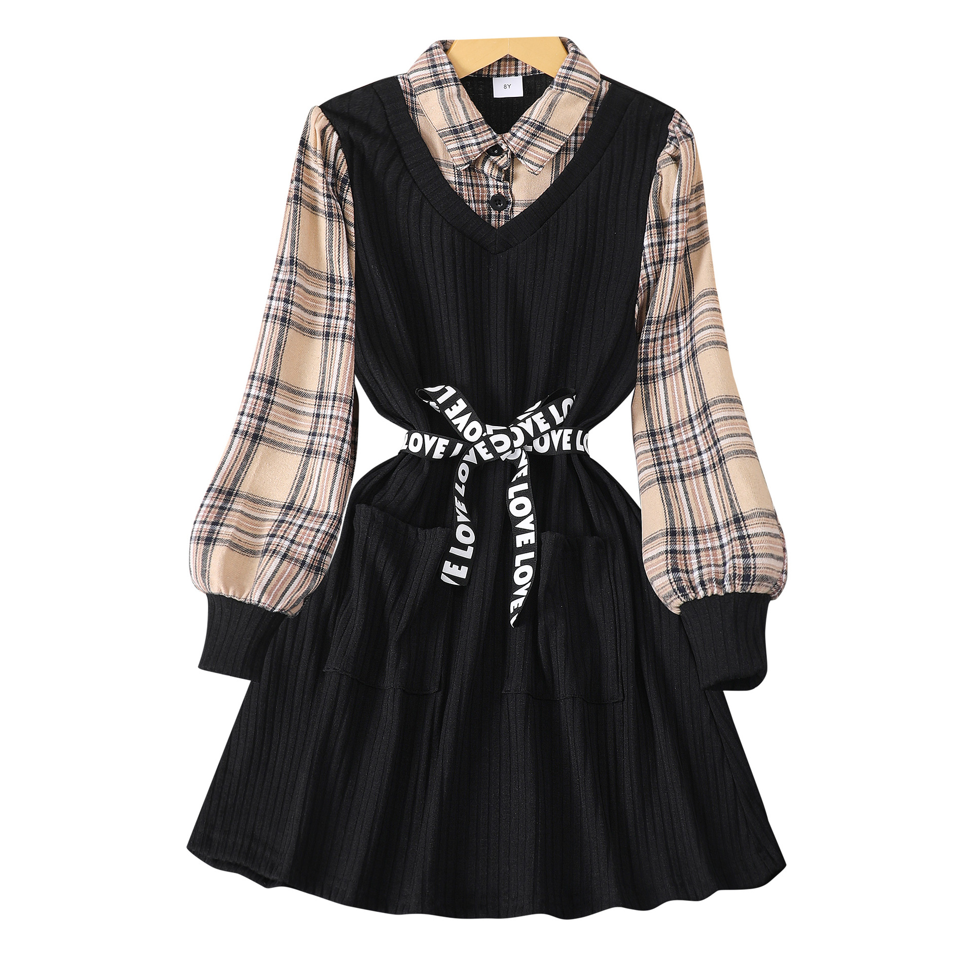 2024新款秋季中大童拼色格子袖黑收腰长裙详情8