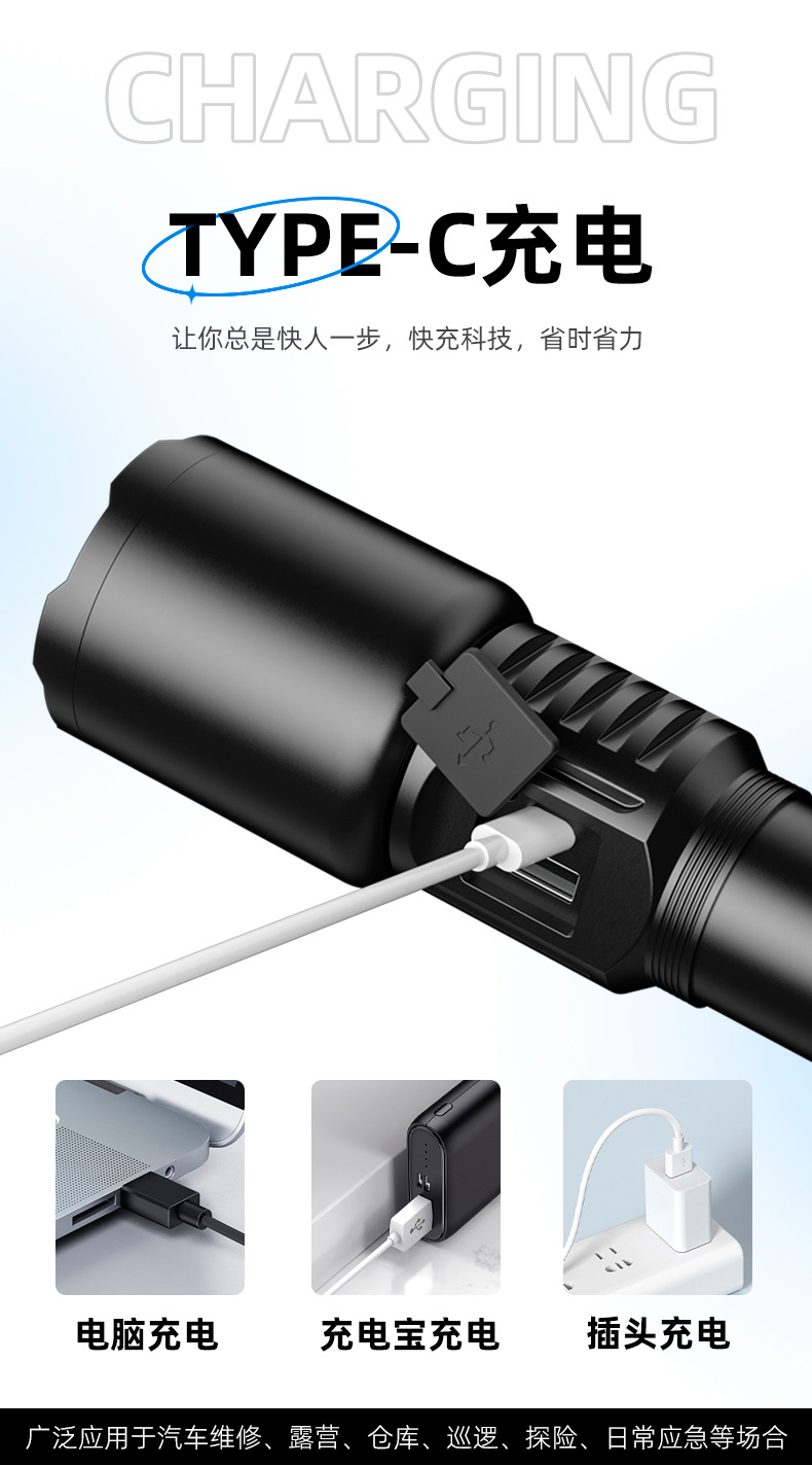 Cross-border white laser zoom high-intensity flashlight, outdoor waterproof, USB charging, power display, high-power LED flashlight pic 3