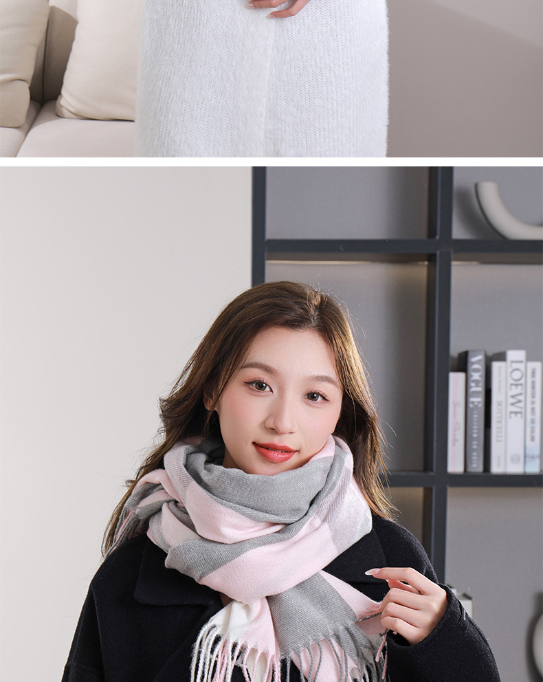 外贸韩版大直条格子围巾秋冬季新款学生百搭仿羊绒流苏围脖女披肩详情16
