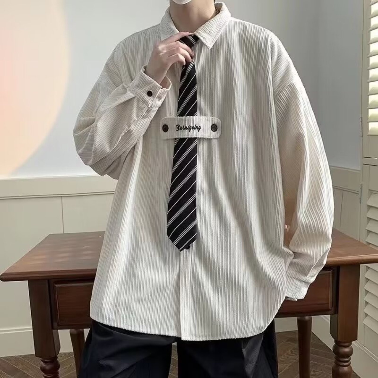 秋季新款潮流休闲百搭上衣宽松韩版ins学院风衬衫长袖男 有配领带详情3