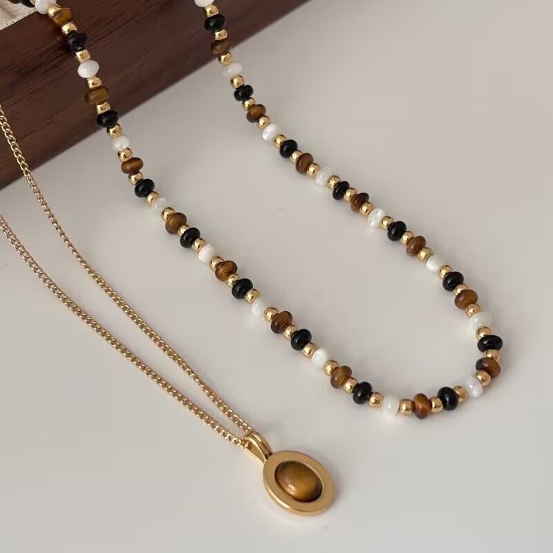 WYK虎眼石黑玛瑙母贝吊坠项链女彩色串珠毛衣链叠戴美拉德锁骨链详情1