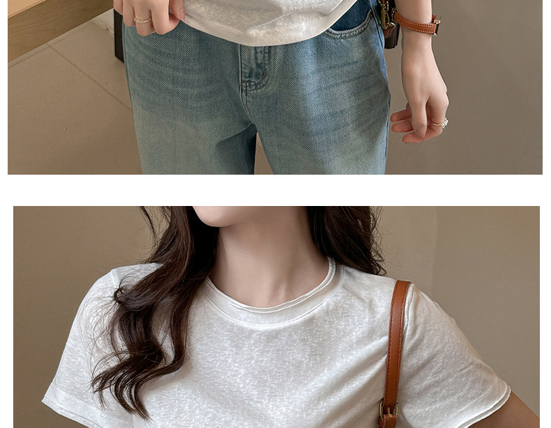 A new Korean-style small round neck, high-end design, off-the-shoulder short-sleeved T-shirt for women, versatile, loose snowflake cotton, slimming top pic 17