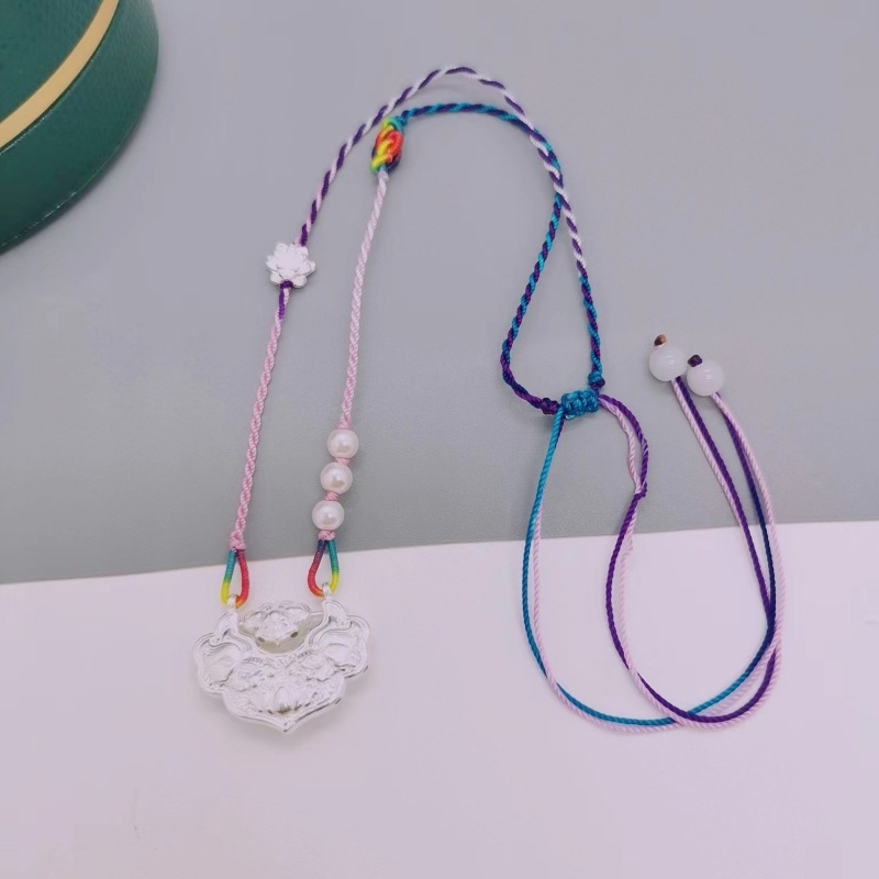 足银999锦鲤锁银莲花国风平安锁编织纯银项链双鱼如意长命锁锁骨详情24