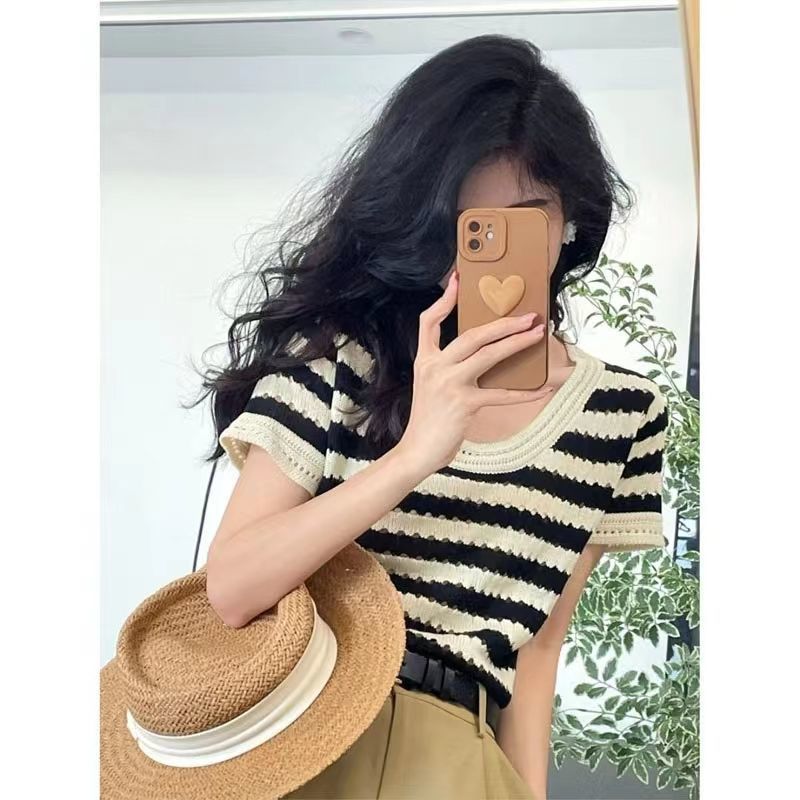 大码女装镂空韩系条纹针织短袖t恤复古圆领上衣时尚百搭2022夏季详情3