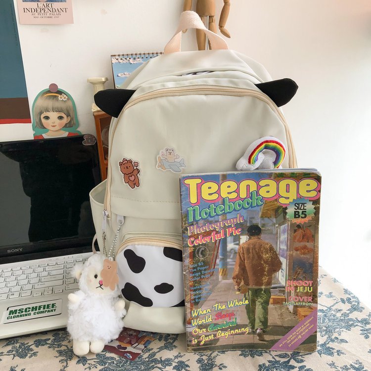Japanese-style ins campus school style, fresh and cute, cute cow with earbuds, soft girl schoolbag, funny student backpack pic 123