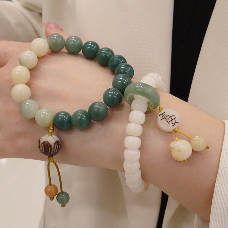天然白玉菩提雕刻莲花佛珠手串搭配平安猫爪原创设计菩提子手链女详情15
