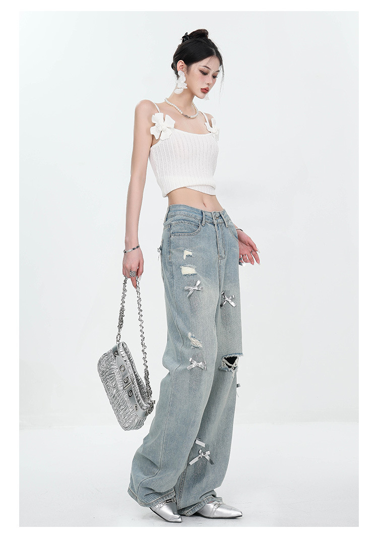 Large-sized retro three-dimensional bow ripped jeans for women with a summer design sense, high-waisted straight-leg loose wide-leg pants pic 19