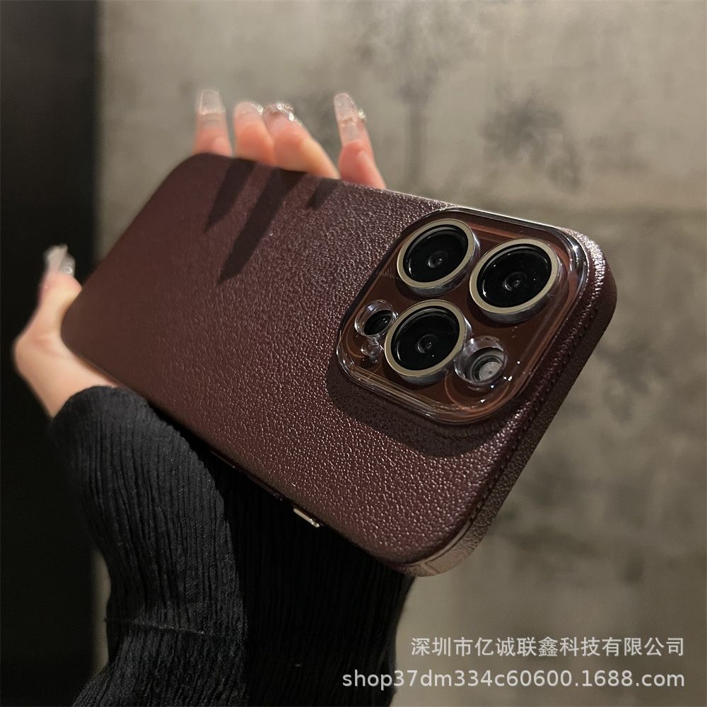 Lychee pattern solid color suitable for iPhone 15plus phone case iPhone14 Pro Max crystal lens film 13 matte pic 16