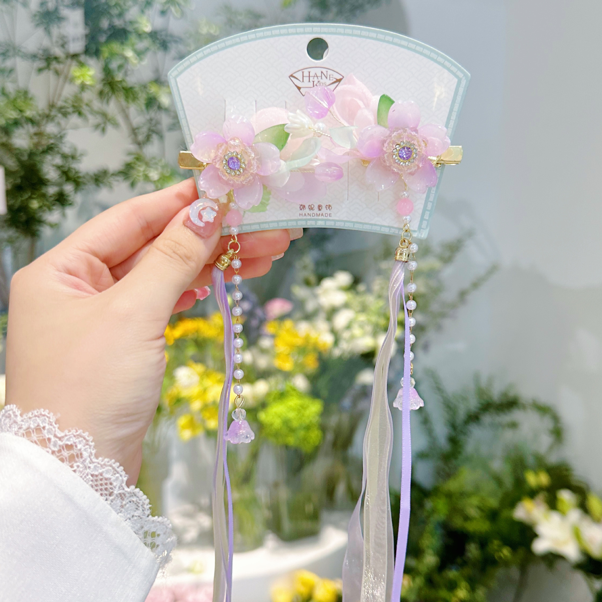 儿童发夹 国潮系列中国风花朵飘带汉服夹 精致水钻蝴蝶结古风女童儿童发饰详情17