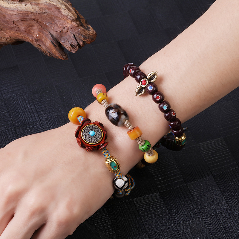 藏式莲花手串玛瑙多宝天珠单圈手链星月金刚大鹏鸟手工编织绳详情12