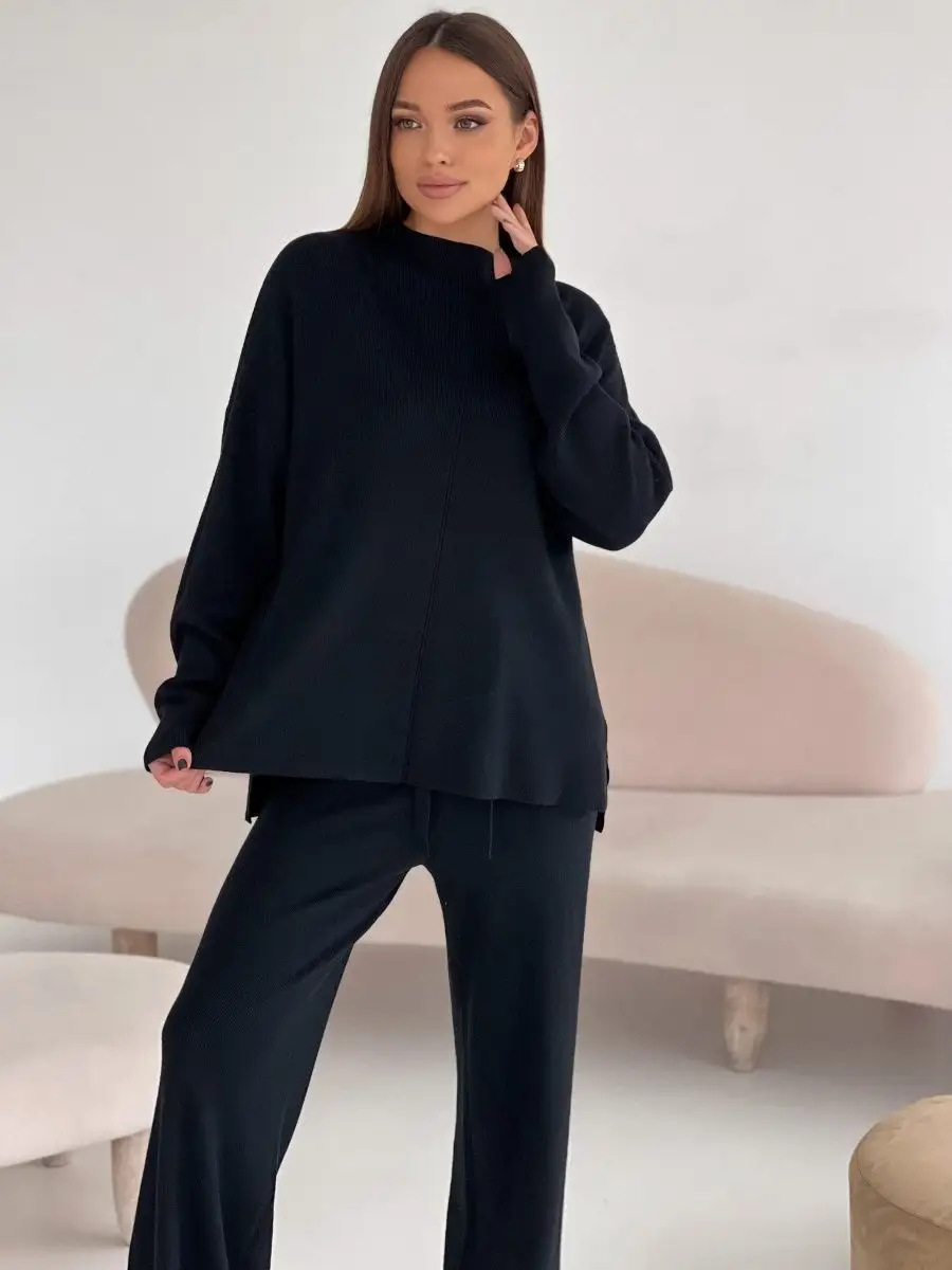 秋冬俄罗斯长袖宽松休闲长裤毛衣套装女跨境欧美热卖开叉套装详情13