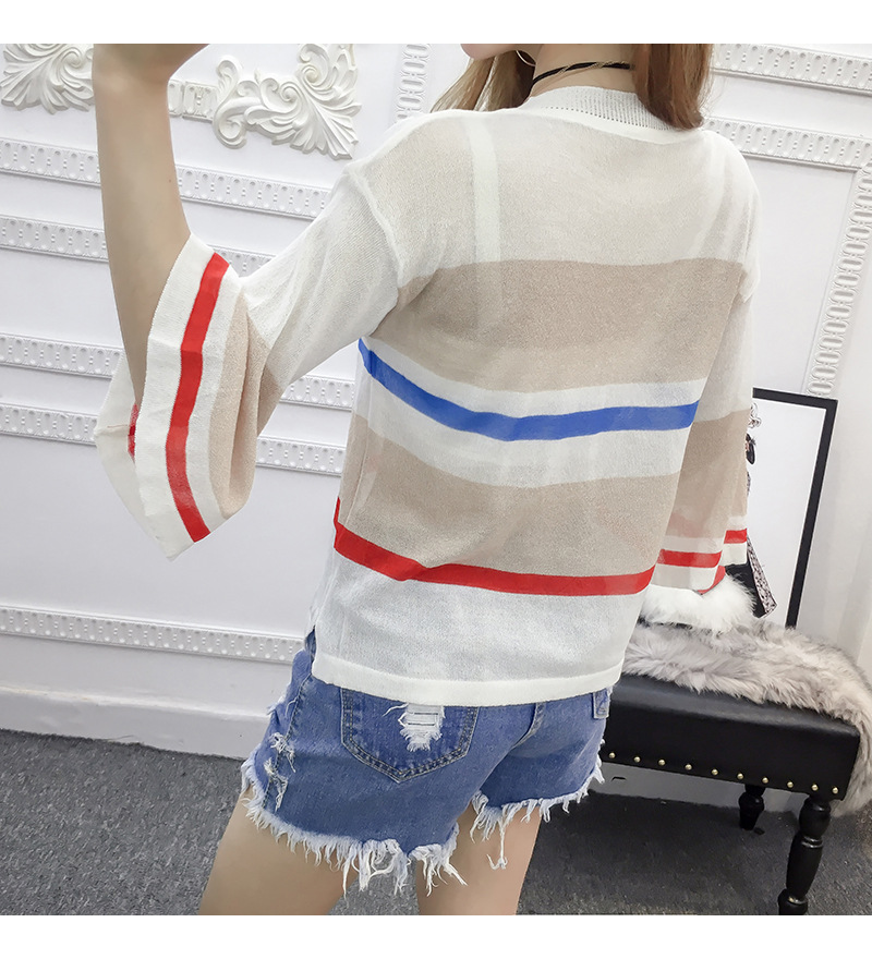 Korean-style striped thin cut-out see-through knitted sweater for women, half-sleeved loose large-sized flared sleeve top pic 13