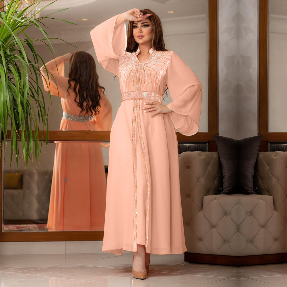 XQY500090 Foreign trade Arab robe, Middle East kaftan fashion Hot diamond belted chiffon dress pic 19