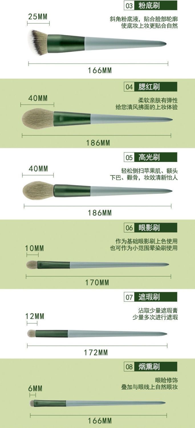 13-piece makeup brush set for beginners: loose powder, eyeshadow, lip concealer, foundation, soft bristles, and Four-Season Green makeup brushes. Exclusively for export pic 4
