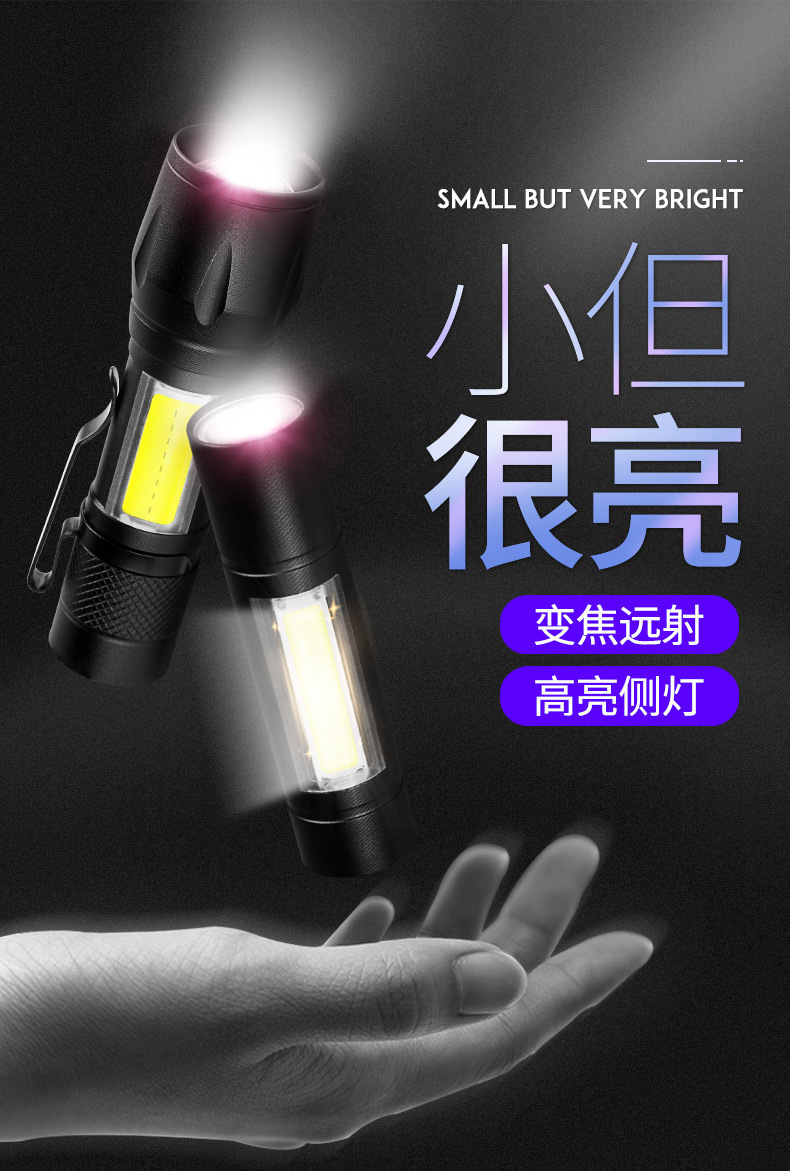 Cross-border exclusive flashlight, strong light rechargeable zoom, aluminum alloy side light strip, pen holder, long-range shooting, outdoor home small pic 1