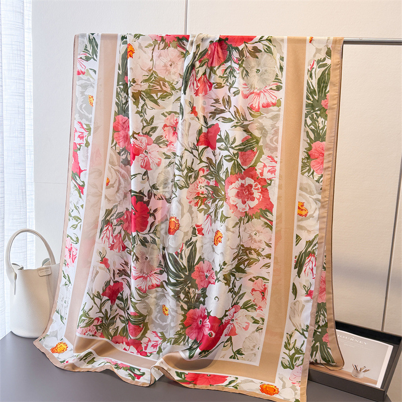 韩版薄款印花仿真丝丽锦缎防晒多彩花卉丝巾长巾披肩百搭头巾围巾详情12