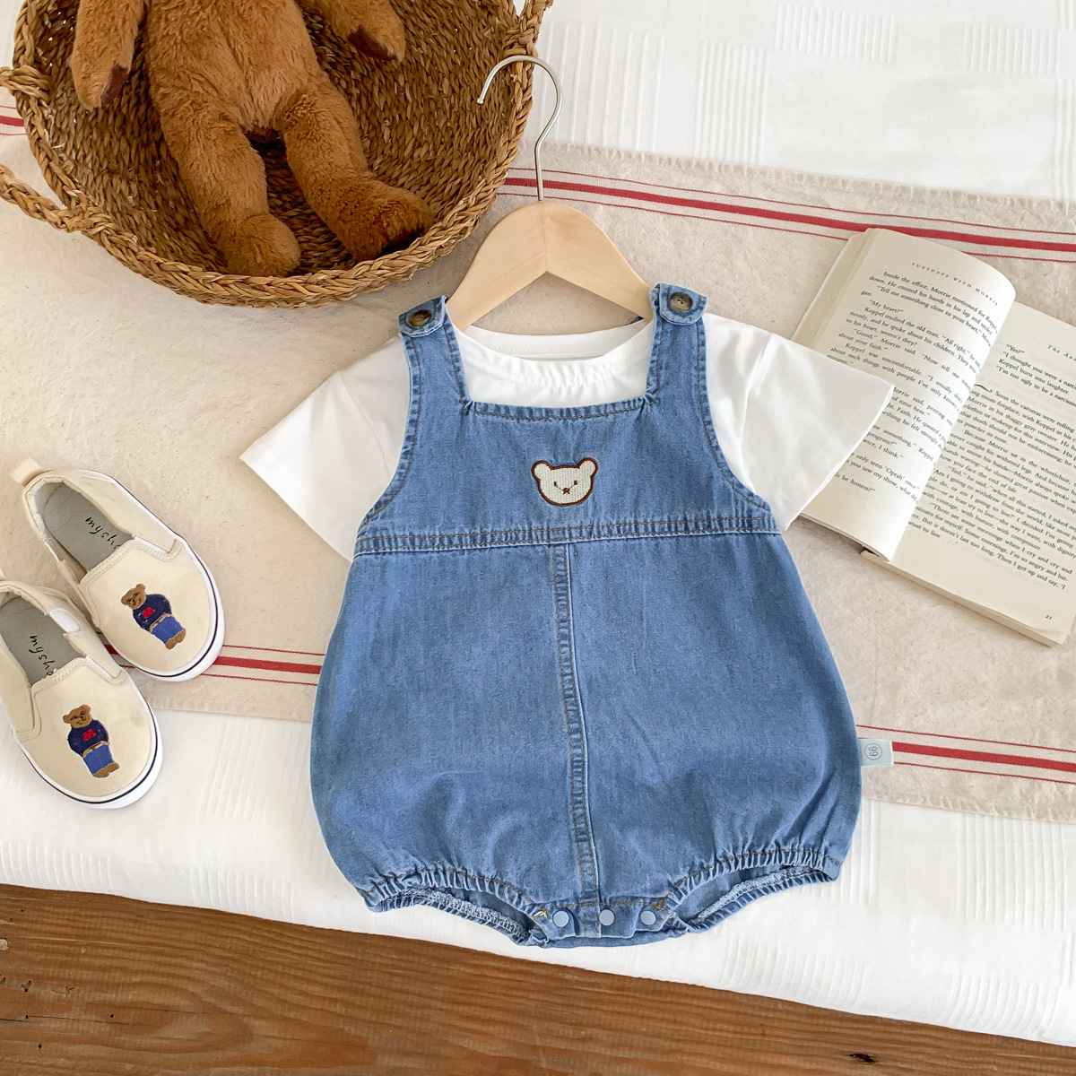 夏季韩国婴儿宝宝牛仔小熊背带哈衣男女小孩童装包屁衣洋气爬爬服详情5