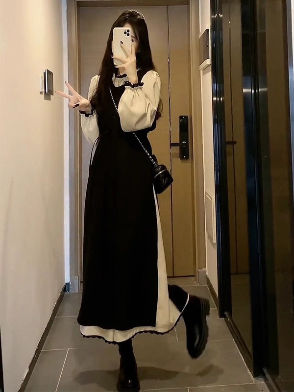 法式温柔气质黑色长袖连衣裙子女春季2024新款高级感拼接显瘦长裙详情1