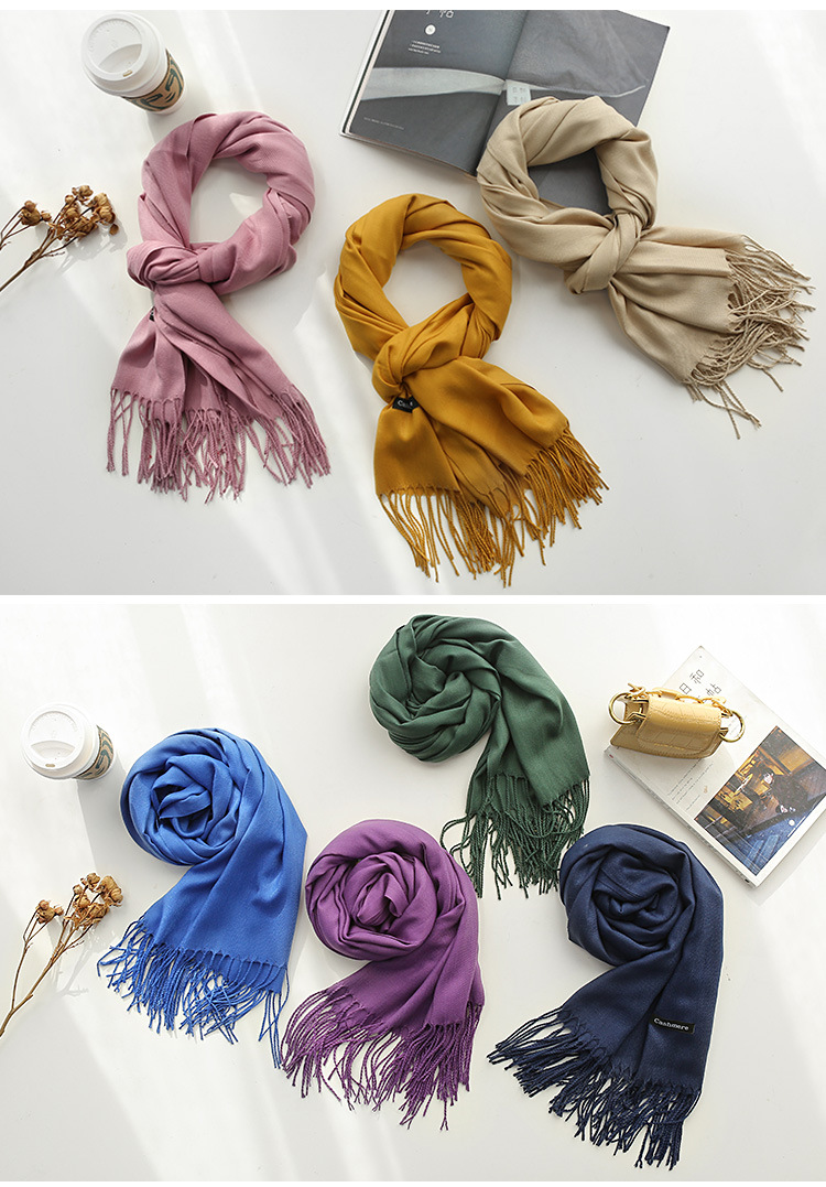 Solid-color faux cashmere scarf, a bestseller for women in autumn and winter. 220g classic glossy single-color tassel, versatile and warm shawl gift pic 4