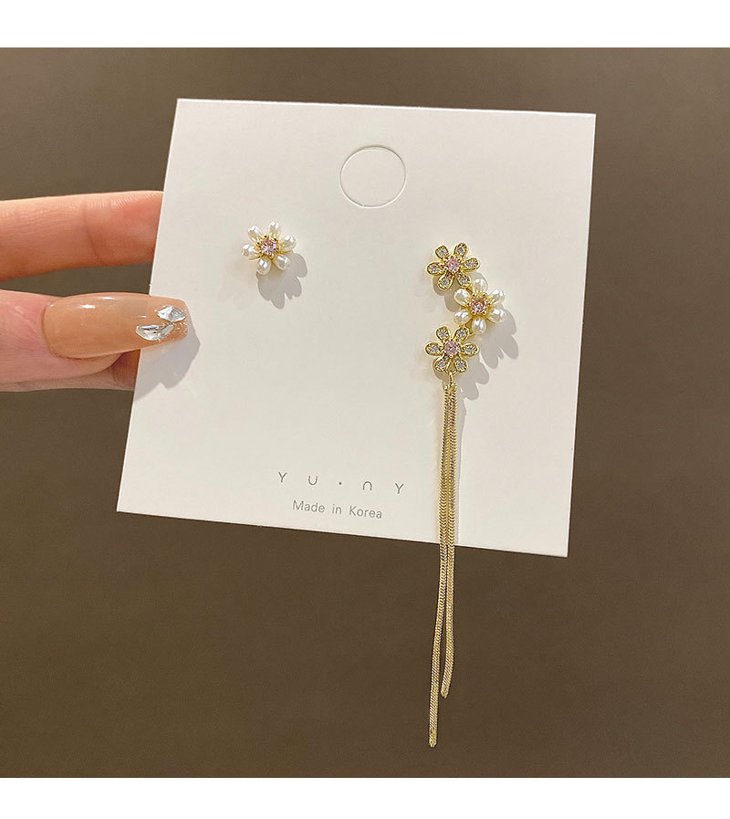 S925银针不对称珍珠花朵耳环女轻奢高级感流苏长款耳钉耳饰品批发详情15