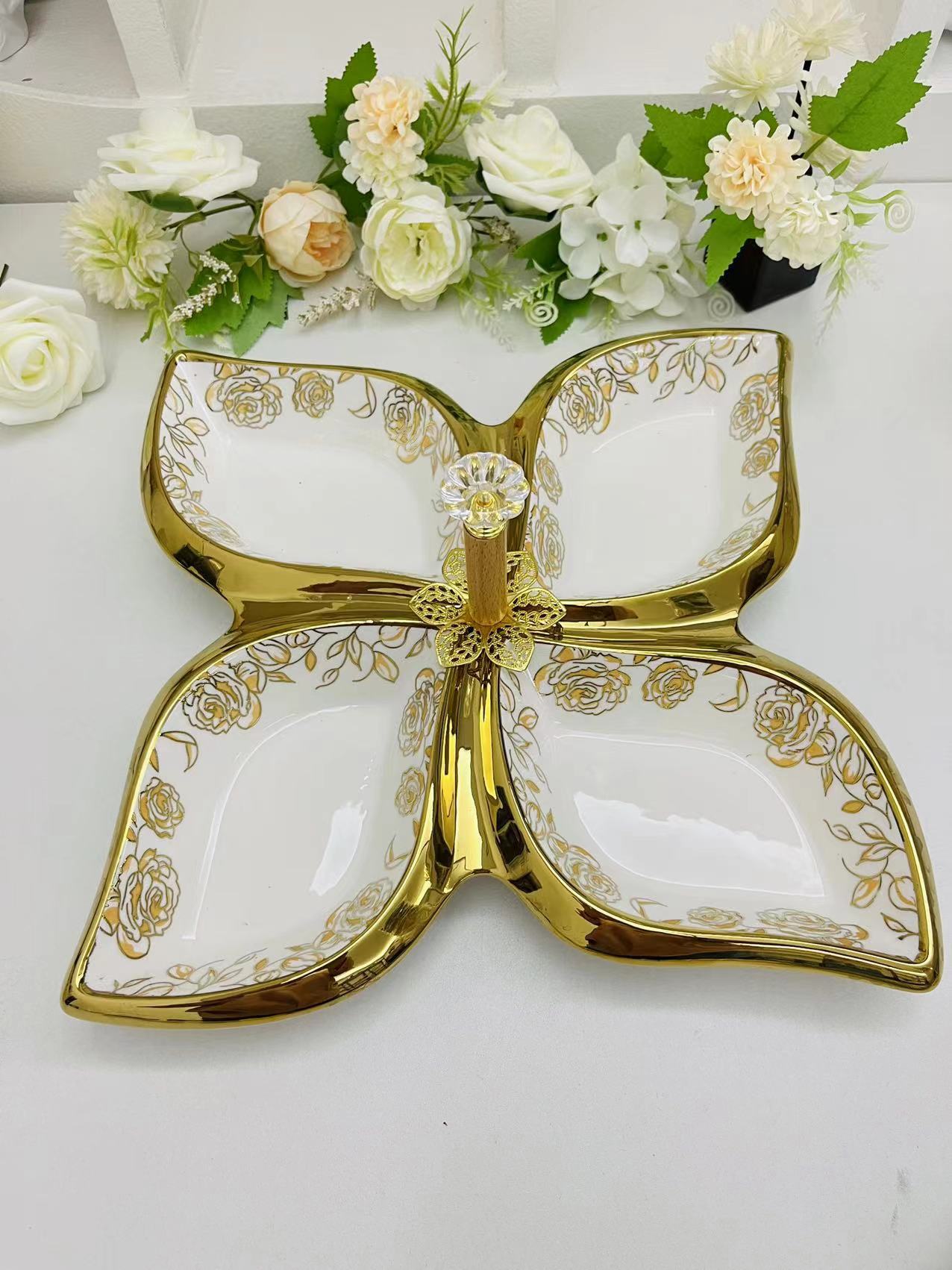 Creative ceramic multi-compartment fruit plate, pastry plate, flower tea, dried fruit snack plate, crystal, 4-compartment tableware, fruit plate, 13-piece golden castle vase pic 6