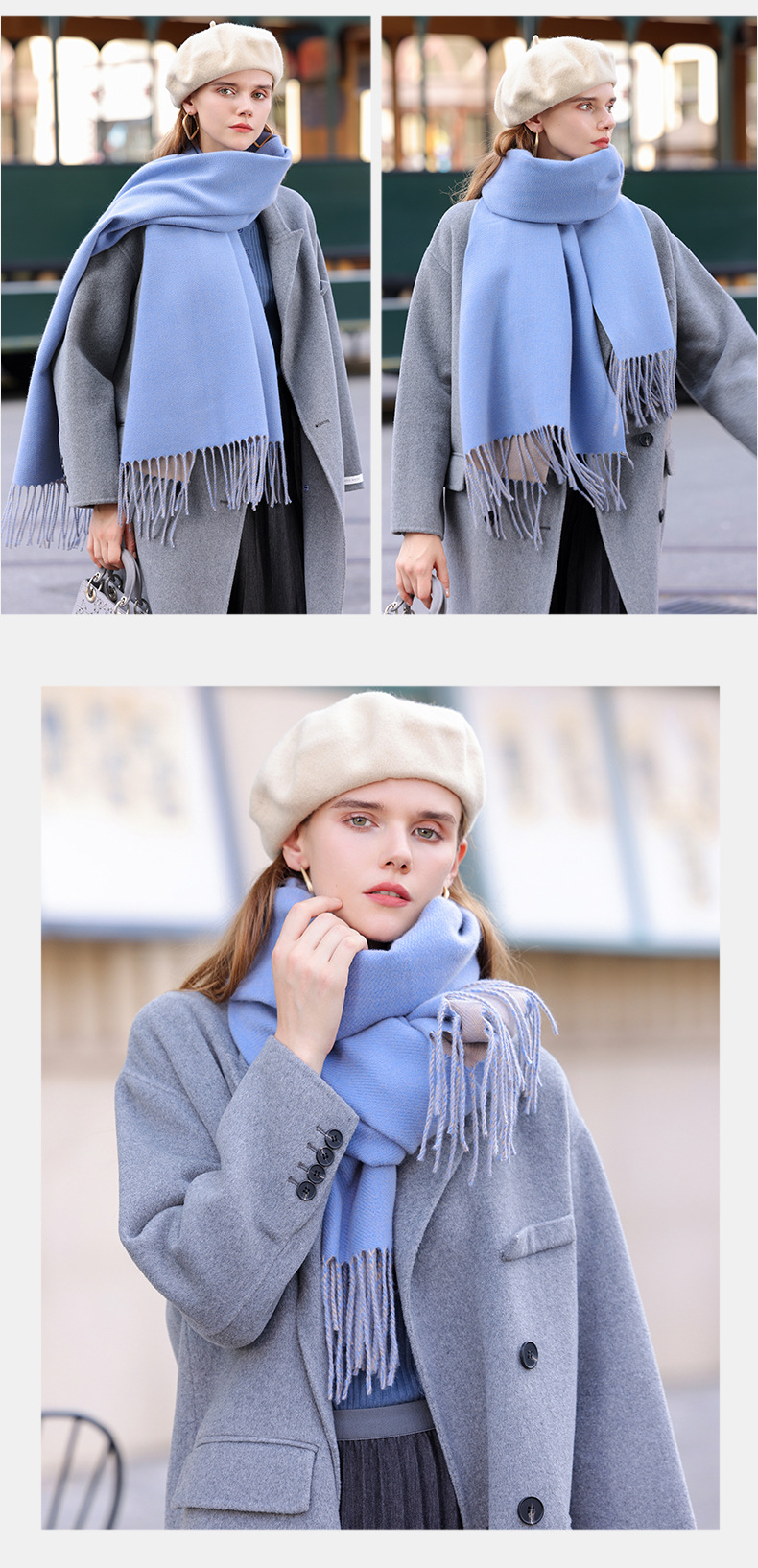 The 2023 new double-sided solid color macaron scarf for women is a bestseller in winter. It is fashionable and warm with faux cashmere tassels. Wholesale pic 27