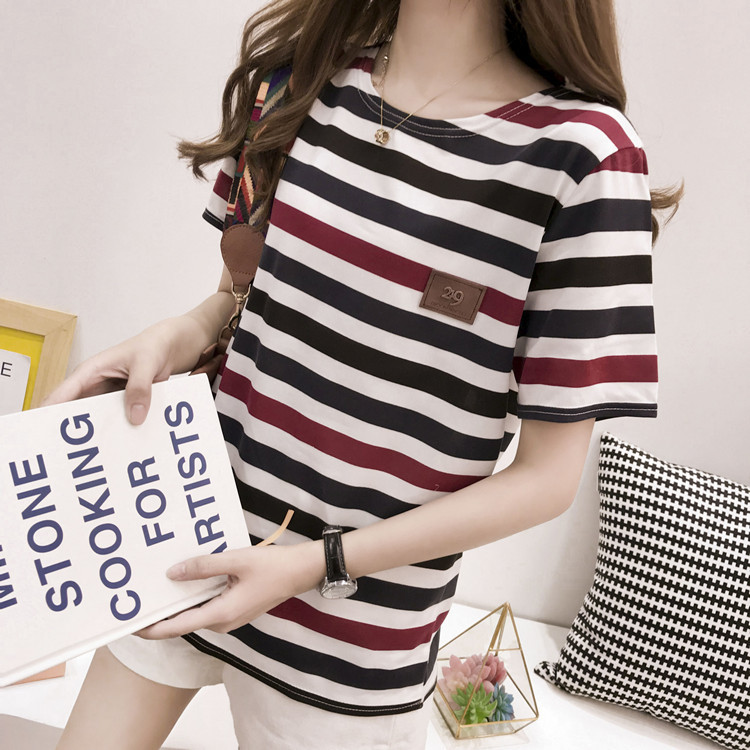 批发2022夏季新款韩版条纹短袖t恤女士宽松衣服上衣女装一件代发详情29
