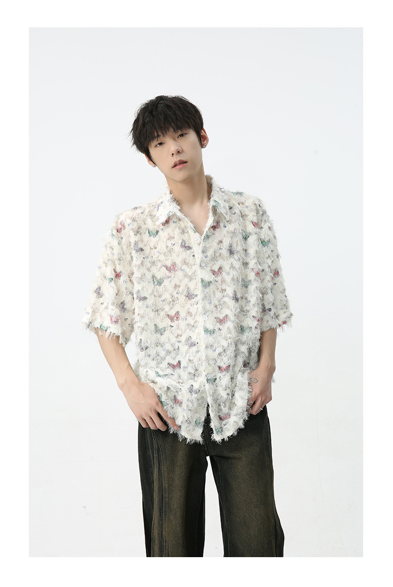MTLCLOTHES男装|2024春款新品 法式小众独特彩色蝴蝶提花流苏衬衫详情16