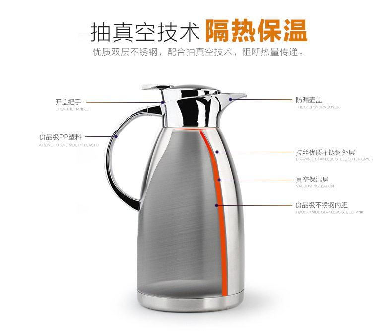 Stainless steel insulated kettle, vacuum hot water kettle, coffee kettle, European-style kettle, insulated bottle with water kettle, stainless steel European-style spiral high-end coffee kettle, super cold and heat preservation, vacuum technology for heat insulation and heat preservation pic 10