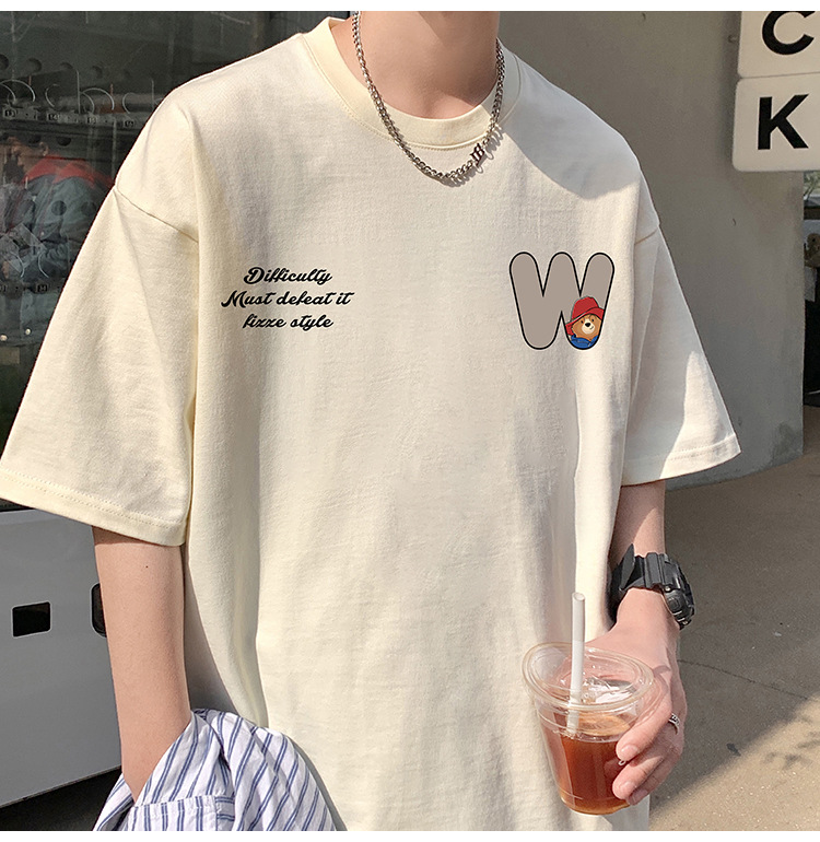Camiseta de manga corta de estilo americano de algodón pesado hombre verano 2024 nuevo oso estampado estado de moda puerto estilo chico camiseta pic 19