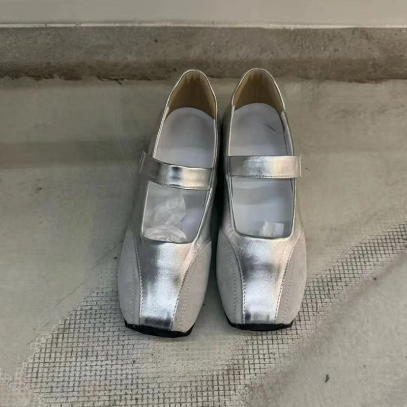 现货小银鞋浅口平跟芭蕾鞋中跟小方头单鞋慵懒风韩系复古德训鞋女详情39