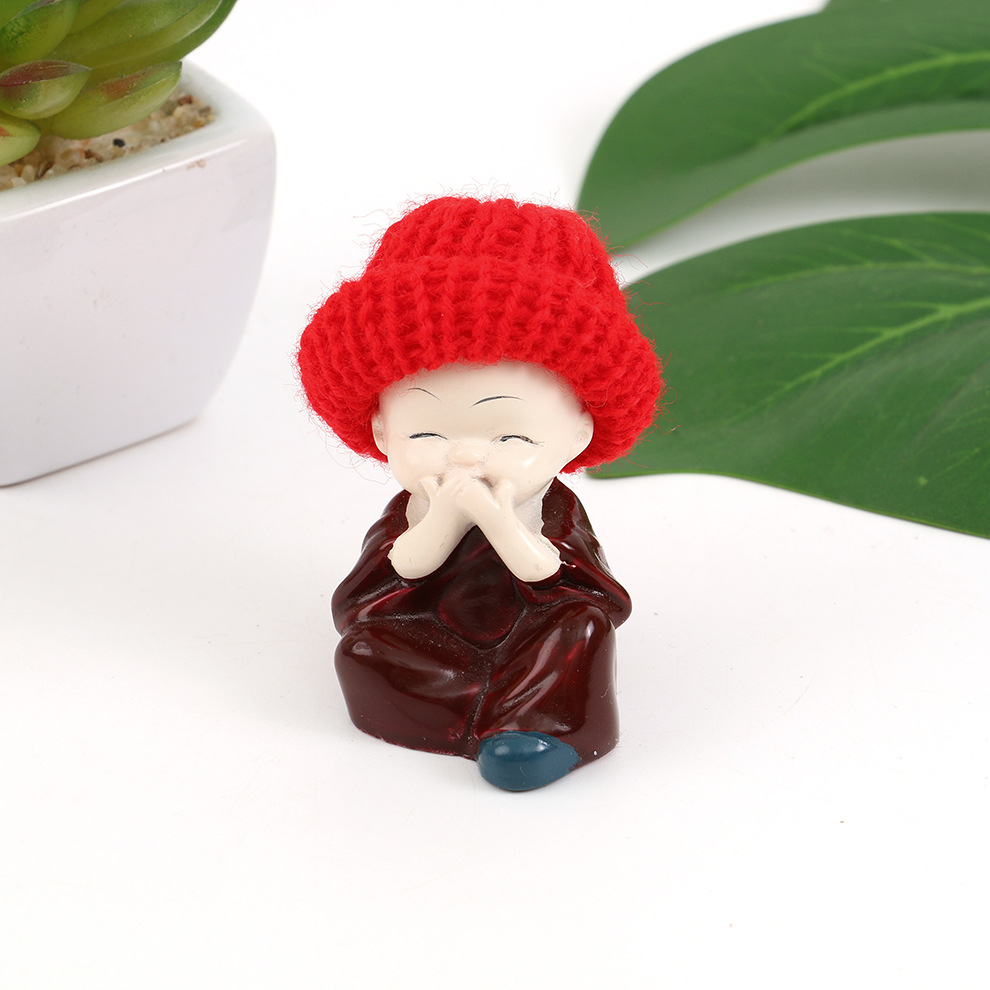 四不小和尚树脂工艺品萌趣可爱毛线帽戴帽和尚汽车摆件盆栽装饰品详情5