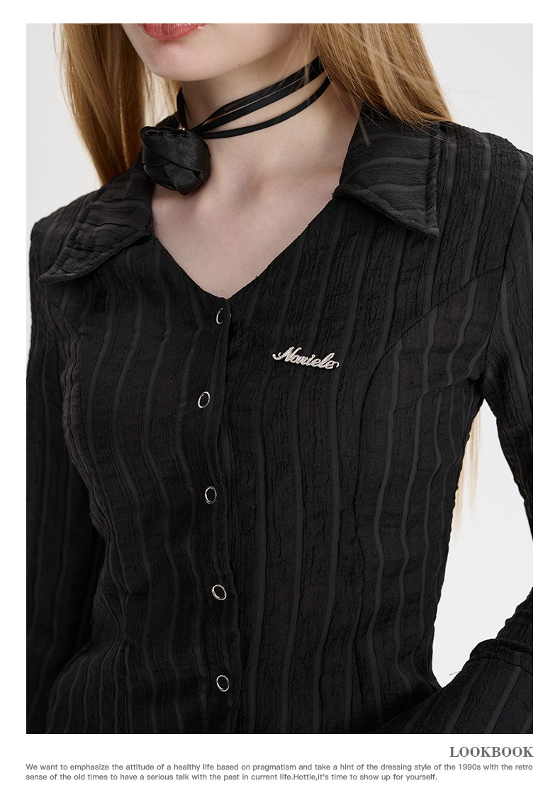 Nariele 洋气薄款开衫V领春秋短款衬衫女御姐风修身长袖韩系上衣详情13