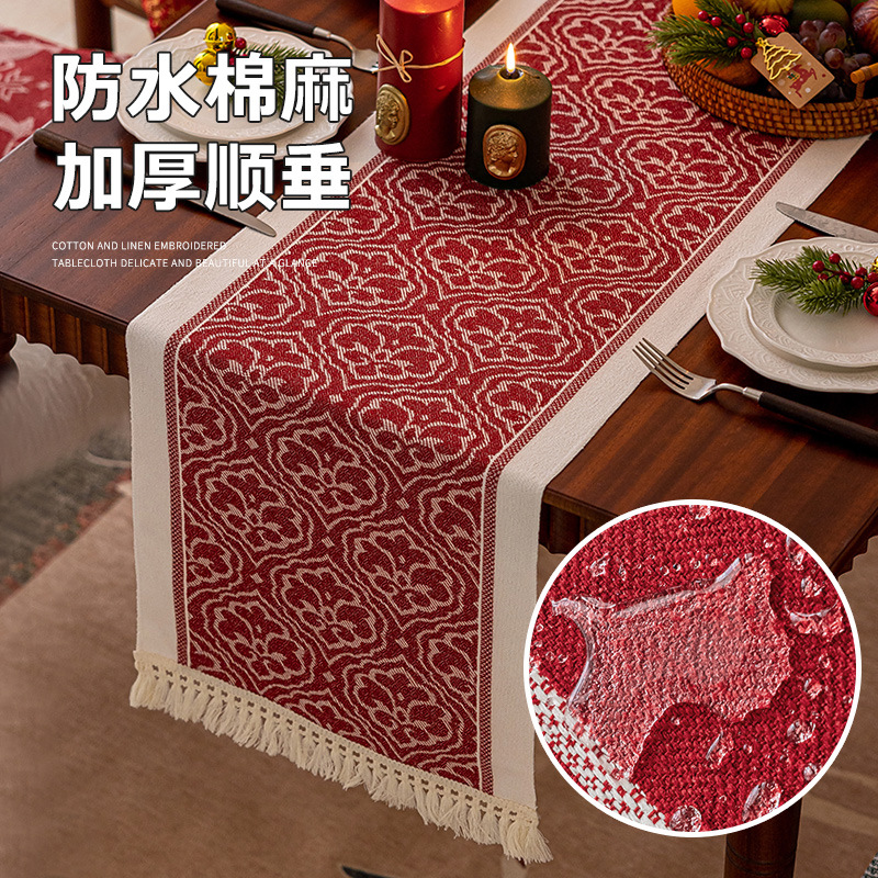 酷幸 跨境热销棉麻提花防水桌旗加厚家用北欧现代简约大方复古高级感长条布流苏茶桌旗批发代发详情3