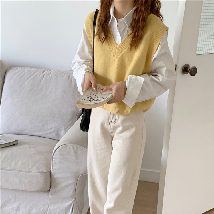 新款春秋女装洋气宽松显瘦V领毛衣外穿鹅黄色针织马甲背心详情33