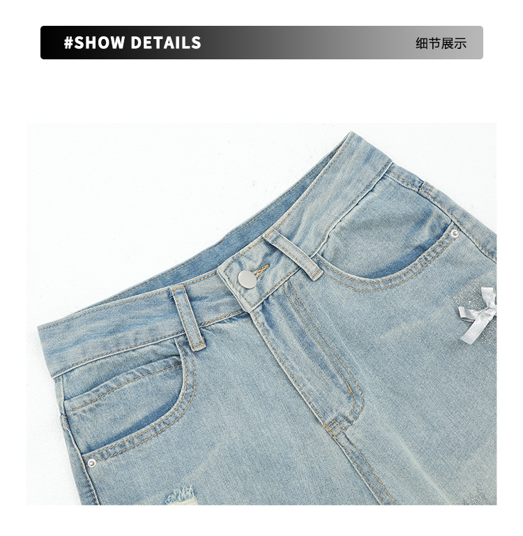 Large-sized retro three-dimensional bow ripped jeans for women with a summer design sense, high-waisted straight-leg loose wide-leg pants pic 4