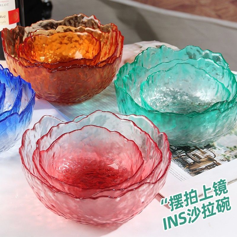 Japanese-style hammered gold-edge glass bowl, transparent salad bowl, household fruit bowl, creative fruit plate, internet-famous tableware set pic 7
