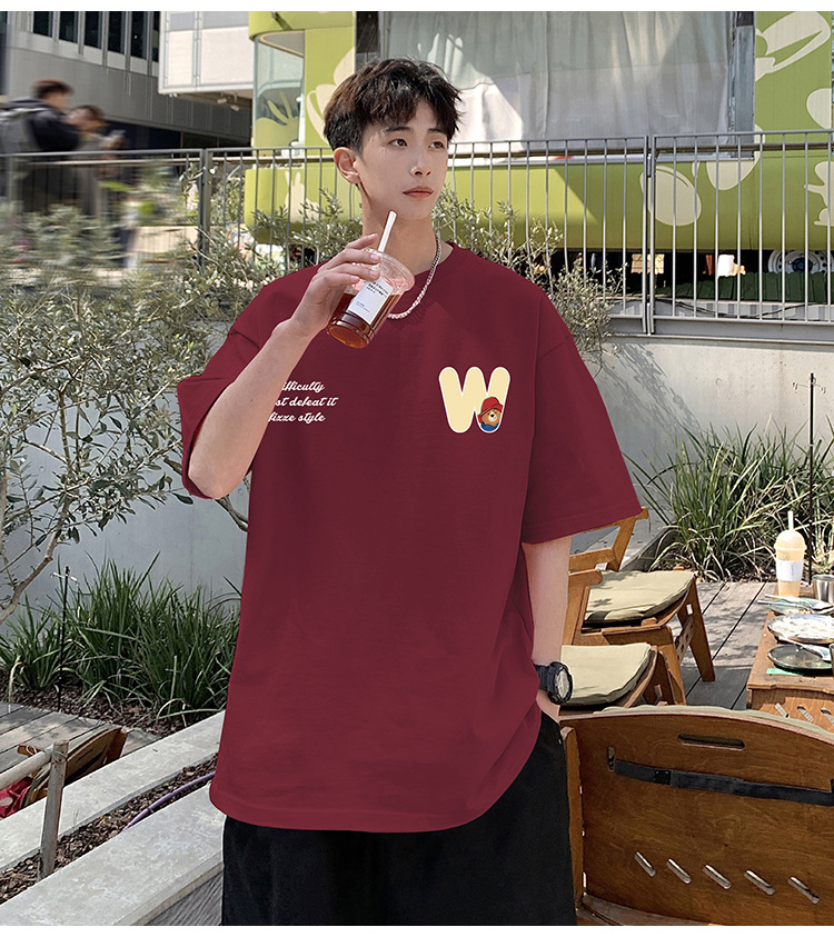 Camiseta de manga corta de estilo americano de algodón pesado hombre verano 2024 nuevo oso estampado estado de moda puerto estilo chico camiseta pic 35