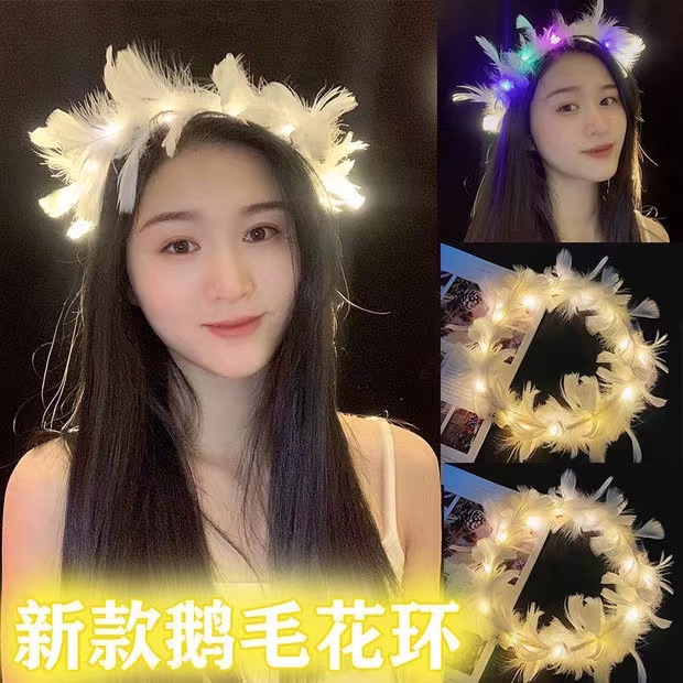 The new luminous headband, feather warm lamp, flower flower segment, day party performance headwear, and female student hair clips are selling well at the street stall pic 2